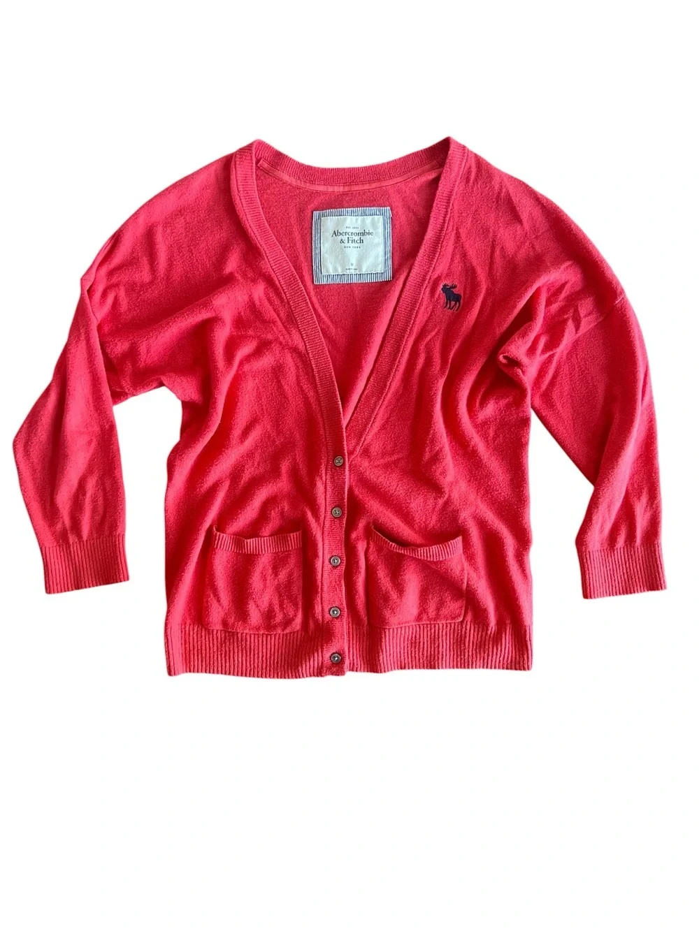 VTG Abercrombie & Fitch Cardigan M Fuschia Moose Button Front Pockets Preppy Y2K
